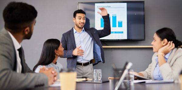 Shot of a young businessman giving a presentation.